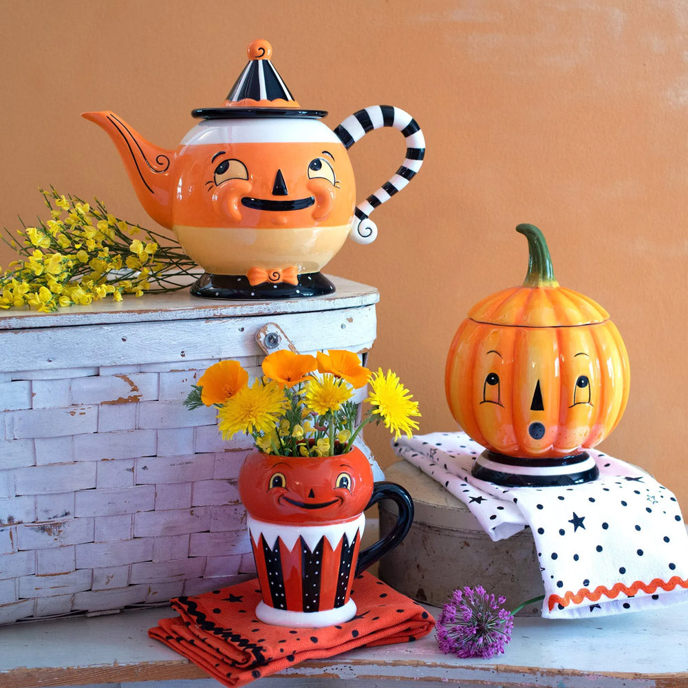 Candy Corn Spooks Pumpkin Teapot by Johanna Parker Carnival Cottage lifestyle