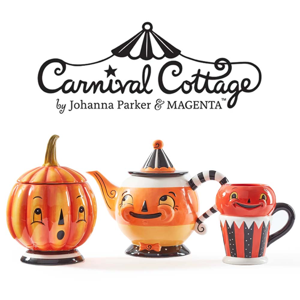 Candy Corn Spooks Pumpkin Teapot by Johanna Parker Carnival Cottage set