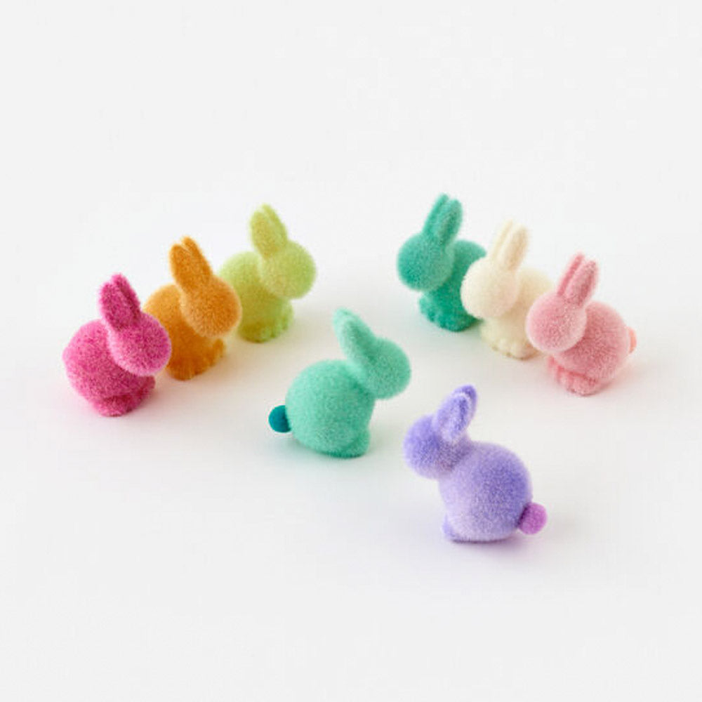 Flocked Pastel Seated Bunny with Pom Pom Tail - Set of 8